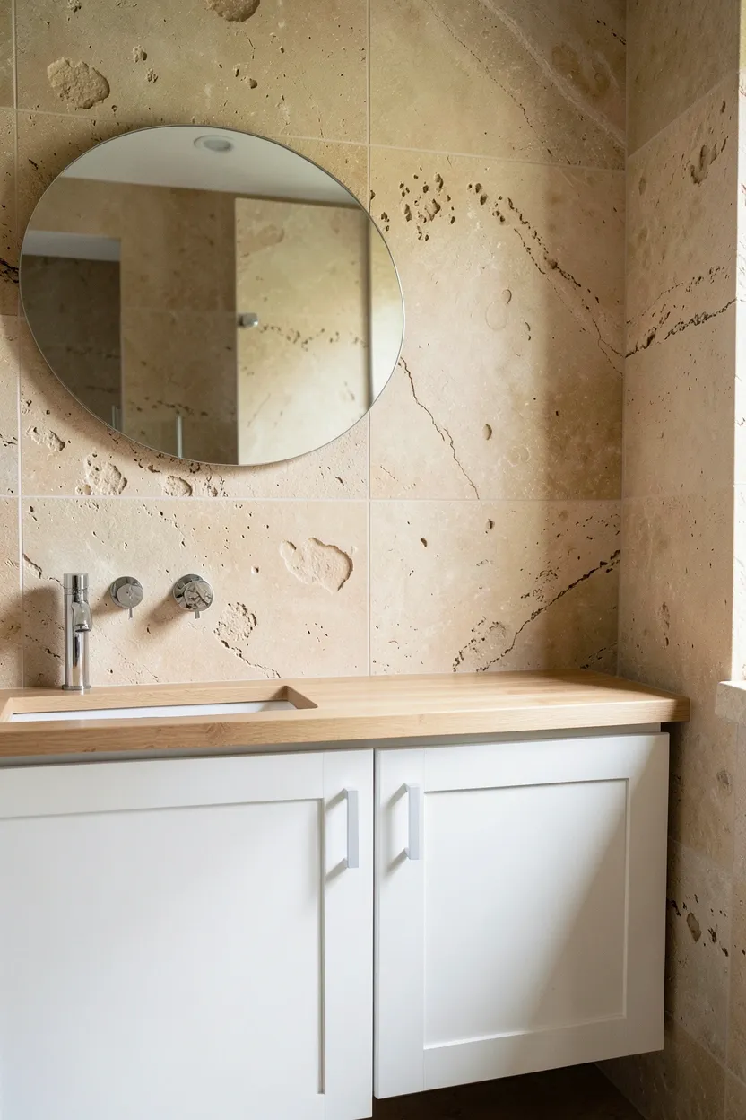 Hyper-realistic eye-level photograph of a modern earthy bathroom wall showing limestone tiles with subtle fossil patterns and warm beige tones, natural variation, white vanity with wood countertop, chrome faucet, small round mirror. Natural light. Materials: natural limestone tiles with fossil patterns, wood countertop, chrome fixtures, white painted vanity cabinet. Warm earthy stone wall. Natural fossil details. No text, no logos, no watermarks.</p>