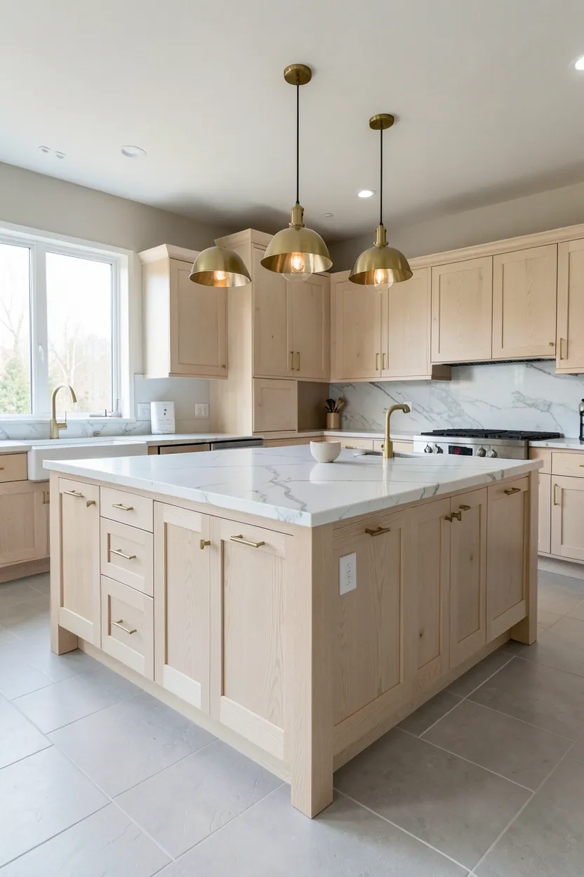 Hyper-realistic wide shot of a modern kitchen featuring dramatic white oak island. Large rectangular island in white oak with full-height cabinetry and waterfall edge detail. Natural oak grain visible throughout. White marble countertop on island with waterfall edge continuing stone pattern. Brass hardware on island drawers and cabinets. Three modern pendant lights with brass finishes hang over island. Surrounding kitchen has neutral walls with light gray tile floor. Natural light from large windows. Clean surfaces. No text, no logos, no watermarks.</p>