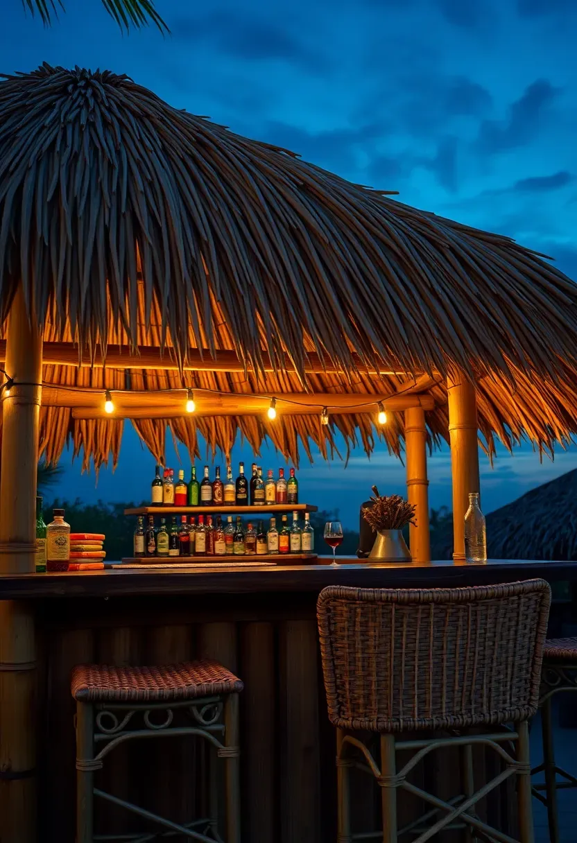 Tropical tiki bar with thatched palm roof, bamboo frame, colorful bottles on wooden shelves, rattan stools, and string lights at dusk