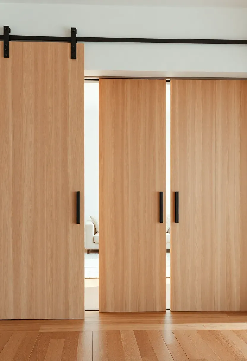 Hyper-realistic front view of sliding wood panel doors in minimalist Japandi living room: three vertical light oak wood panels with minimal black metal track hardware, partially closed to reveal living room beyond with cream sofa, soft shadow gaps between panels. Materials: vertical grain light oak wood, matte black metal hardware, cream walls visible. Soft even natural light, subtle shadows emphasizing panel seams. Architectural serene mood. Sharp focus on wood grain and hardware detail, vertical composition, visible room context through partially open doors. No text, no logos, no watermarks.</p>