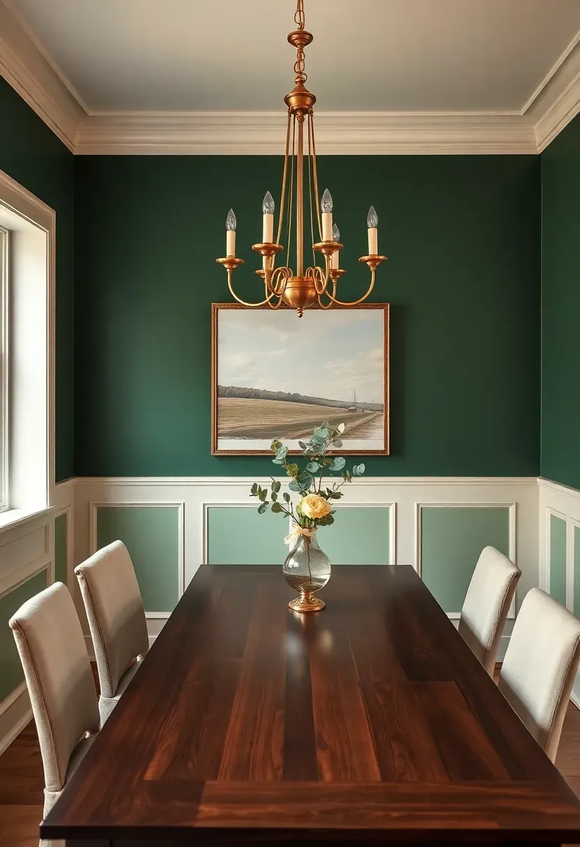 Elegant dining room with classic wainscoting painted deep forest green on the lower wall and creamy white above the chair rail