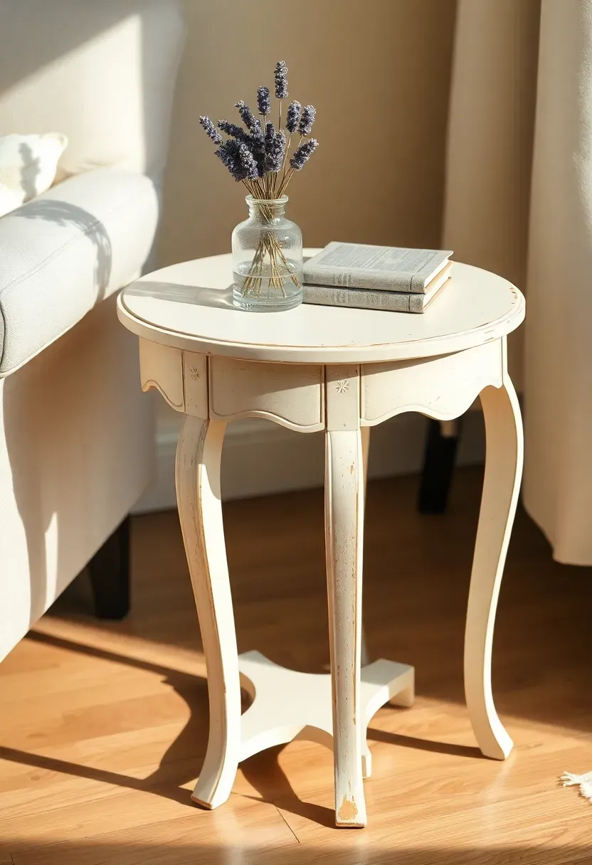 Small cabriole-leg accent table in distressed cream finish with a curved apron and a vase of dried lavender on top