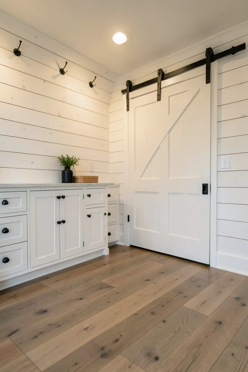 Rustic farmhouse home gym with shiplap walls, barn door, reclaimed wood bench, and iron hook storage