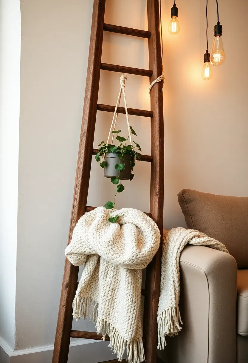 Antique wooden ladder leaning against a wall, used as a display shelf for blankets and plants in a living room