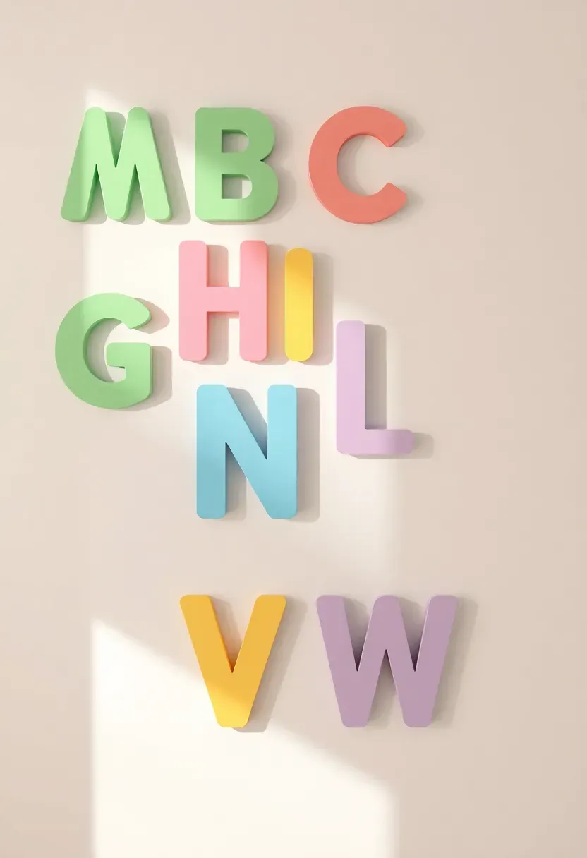 Colorful removable vinyl alphabet wall decals arranged at child's eye level in a playful bathroom setting