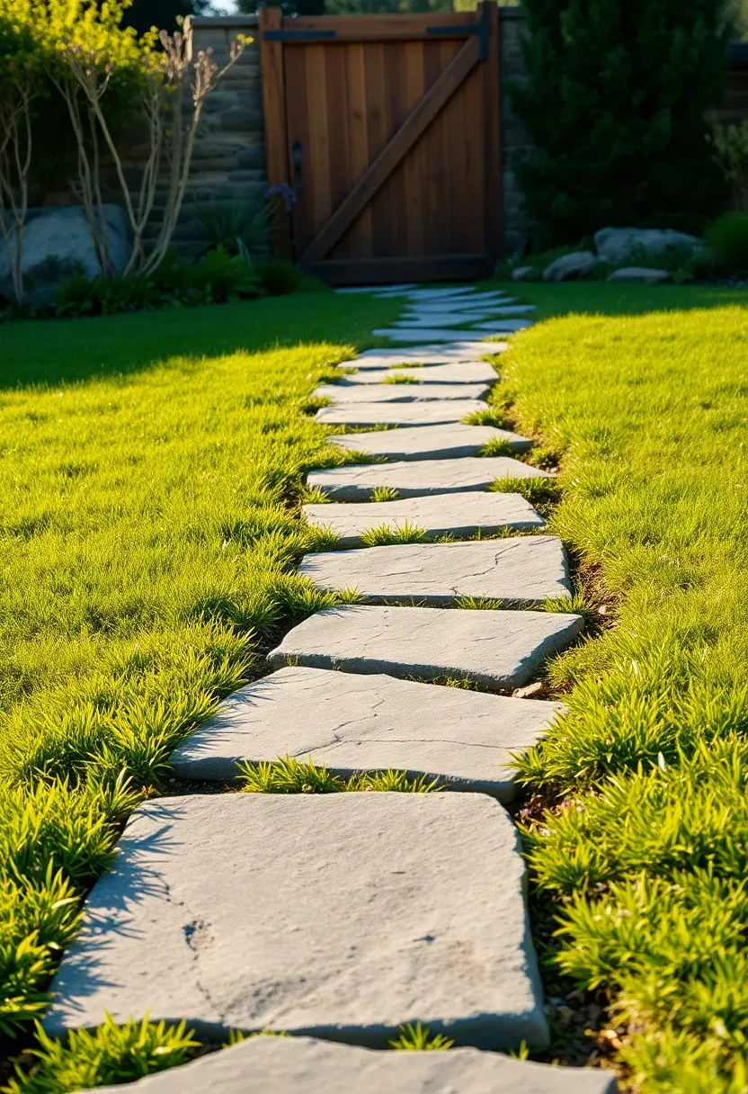 Curved stepping stone pathway through a green lawn leading to a garden gate in a backyard makeover project