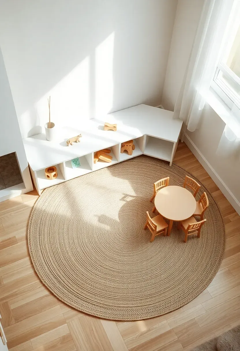 Hyper-realistic elevated view of minimalist family living room corner with circular neutral rug defining play zone, low white shelves with 4-5 open wooden toys, small child-sized table and chairs. Materials: natural wool rug, white lacquer shelves, light wood furniture. Soft daylight from nearby window, organized calm mood. Sharp details on toys, blurred background context. No text, no logos, no watermarks.</p>
