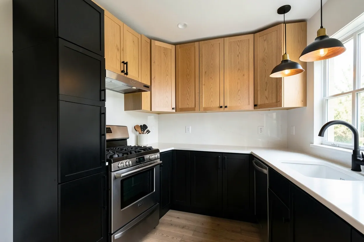 Black and wood kitchen ideas — collage of 27 modern kitchens combining matte black cabinets, walnut countertops, and warm wood accents