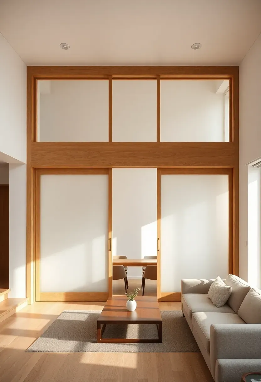 Hyper-realistic wide shot of a minimalist Japandi living room featuring sliding wood panel room divider with frosted glass panels, light oak frame, separating seating area from dining space. Materials: warm white walls, light oak wood frame, translucent frosted glass, beige sofa, wooden coffee table. Soft natural daylight filtering through panels, creating gentle shadows and light patterns. Serene and functional atmosphere with 9-foot ceiling. Shallow depth of field, sharp architectural details, no clutter, no text, no logos.</p>