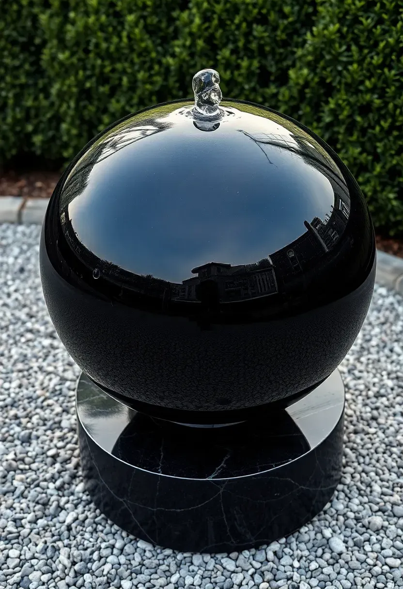 A polished granite sphere fountain with water flowing evenly over its surface set on a circular stone base in a garden