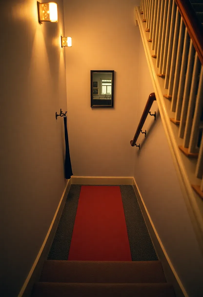Staircase landing workout spot with a yoga mat laid on the flat area, wall hooks for resistance bands, and the staircase steps used for step-up exercises
