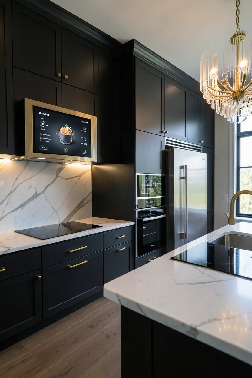 Smart luxury kitchen with wall-mounted brass-framed display panel for appliance control, touch-activated induction cooktop on marble countertop, and dark charcoal cabinetry