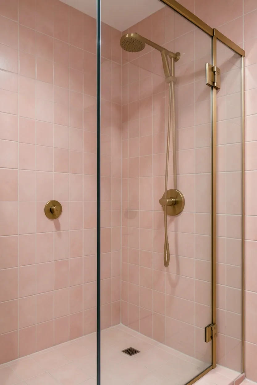 Pink tile shower enclosure with brass rainfall showerhead and fixtures, luxurious pink and brass bathroom design combination