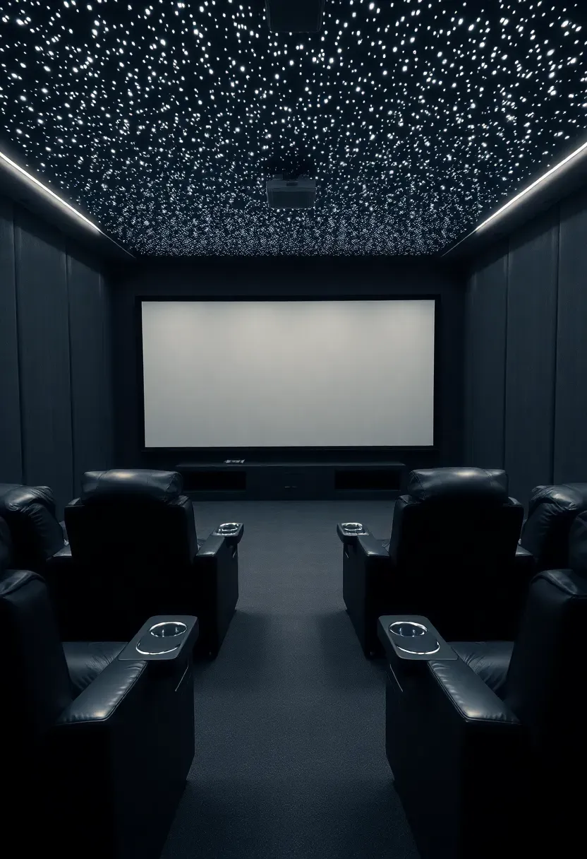 Dedicated home theater man cave with floor-to-ceiling acoustic panels, 120-inch projection screen, recliner seating rows, starlight ceiling, and hidden speaker system