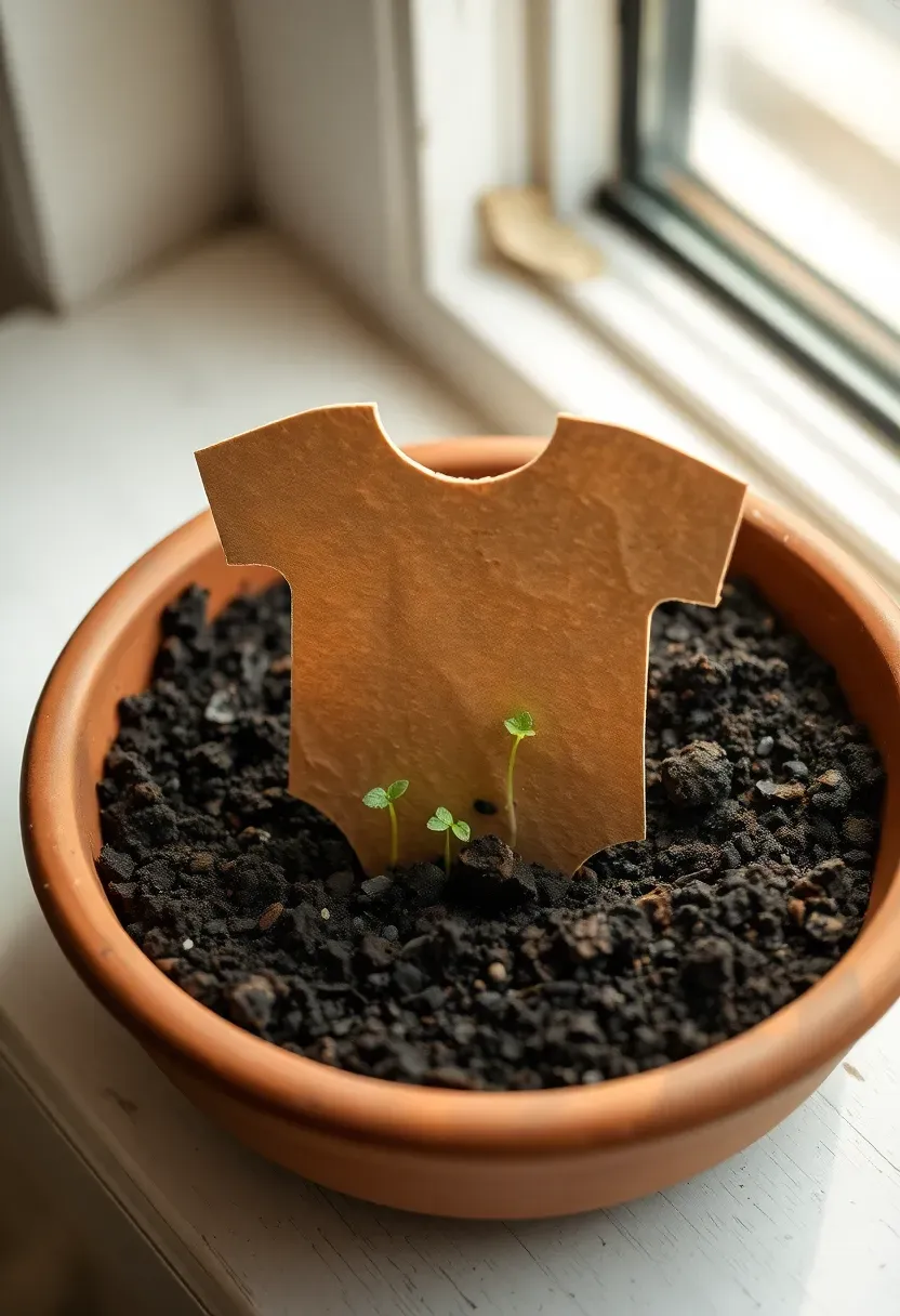 seed paper thank-you card shaped like a baby onesie on a bed of soil with tiny sprouts emerging