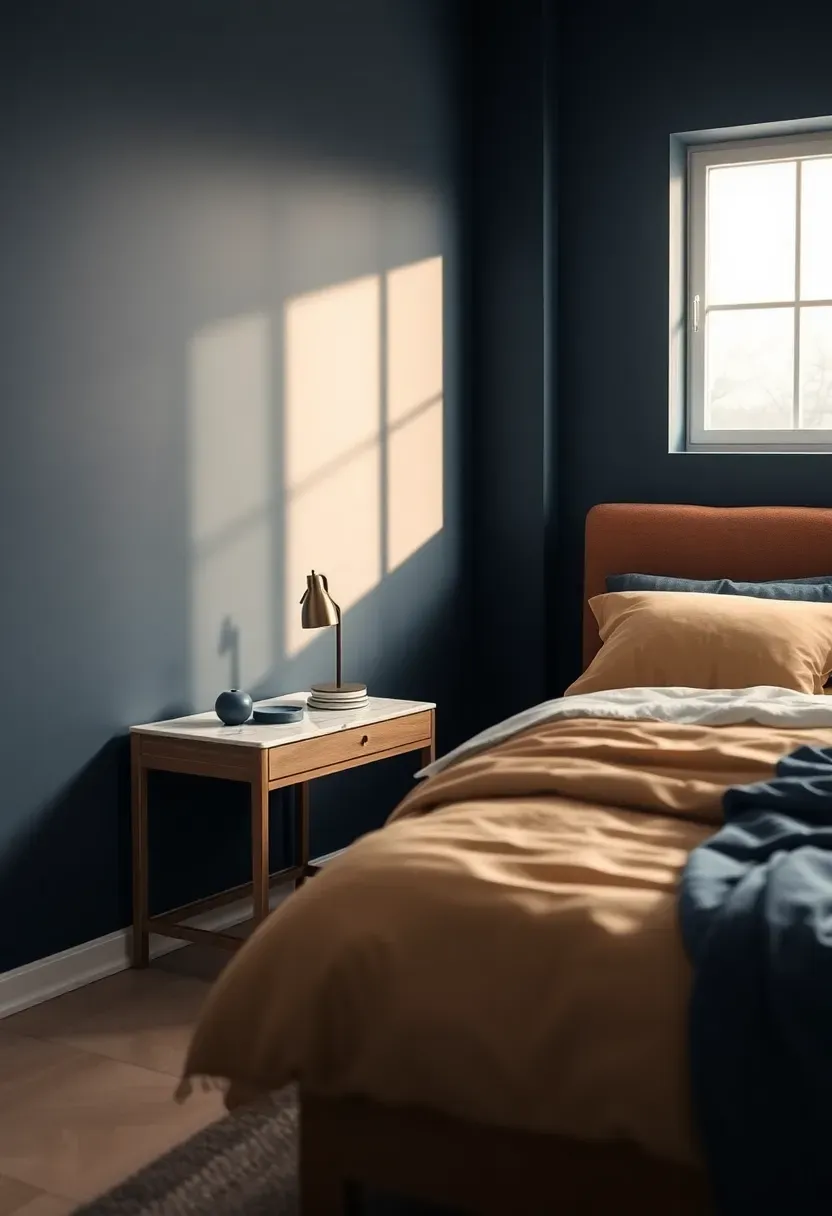 Midnight navy with marble-topped nightstands