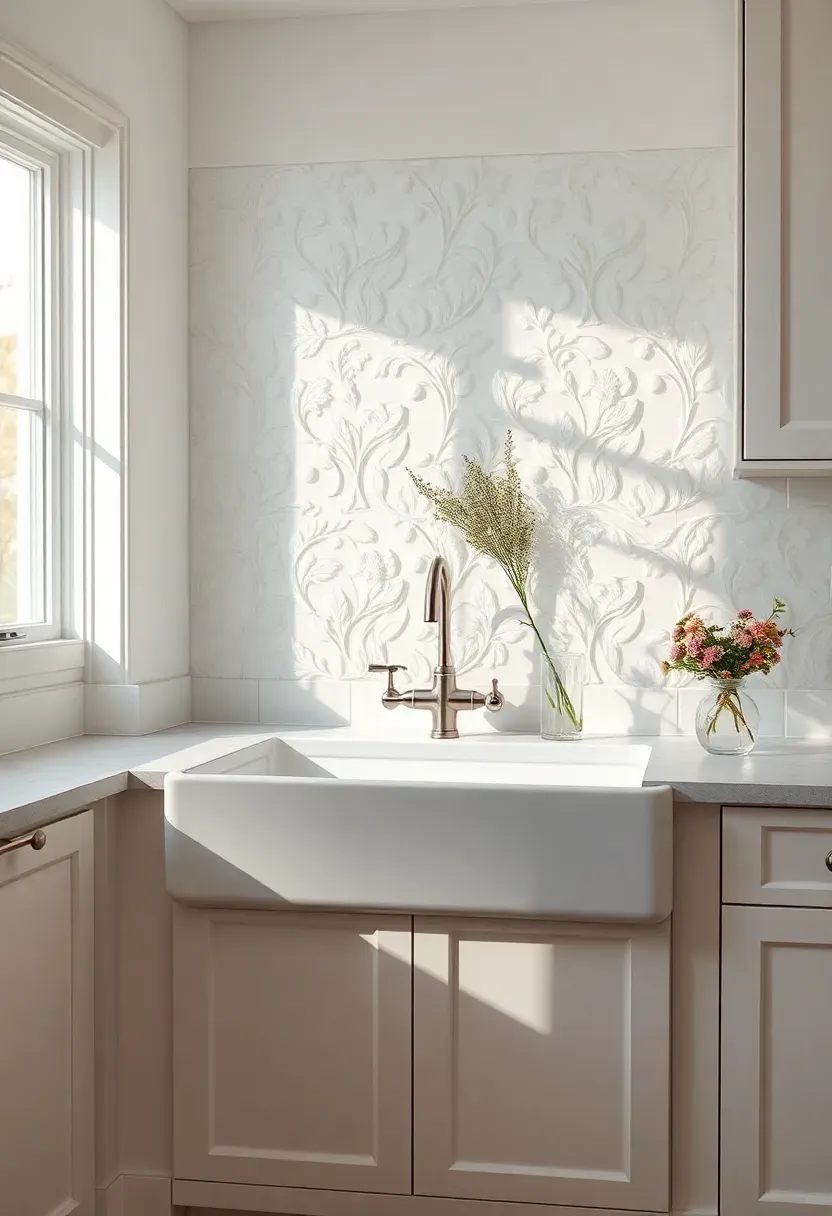 floral relief ceramic tile backsplash with raised botanical pattern in white behind a farmhouse sink