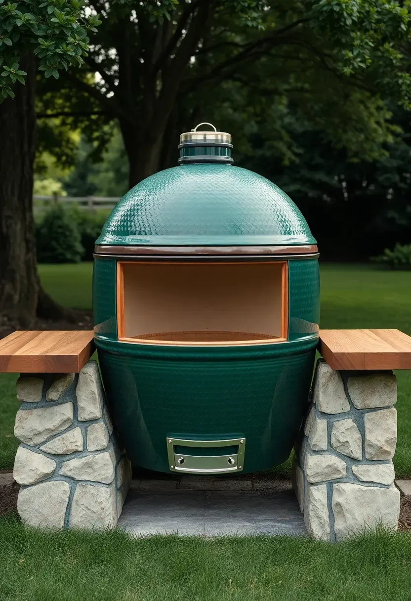 Ceramic kamado grill on a built-in stone stand with teak counter space on both sides in a green backyard