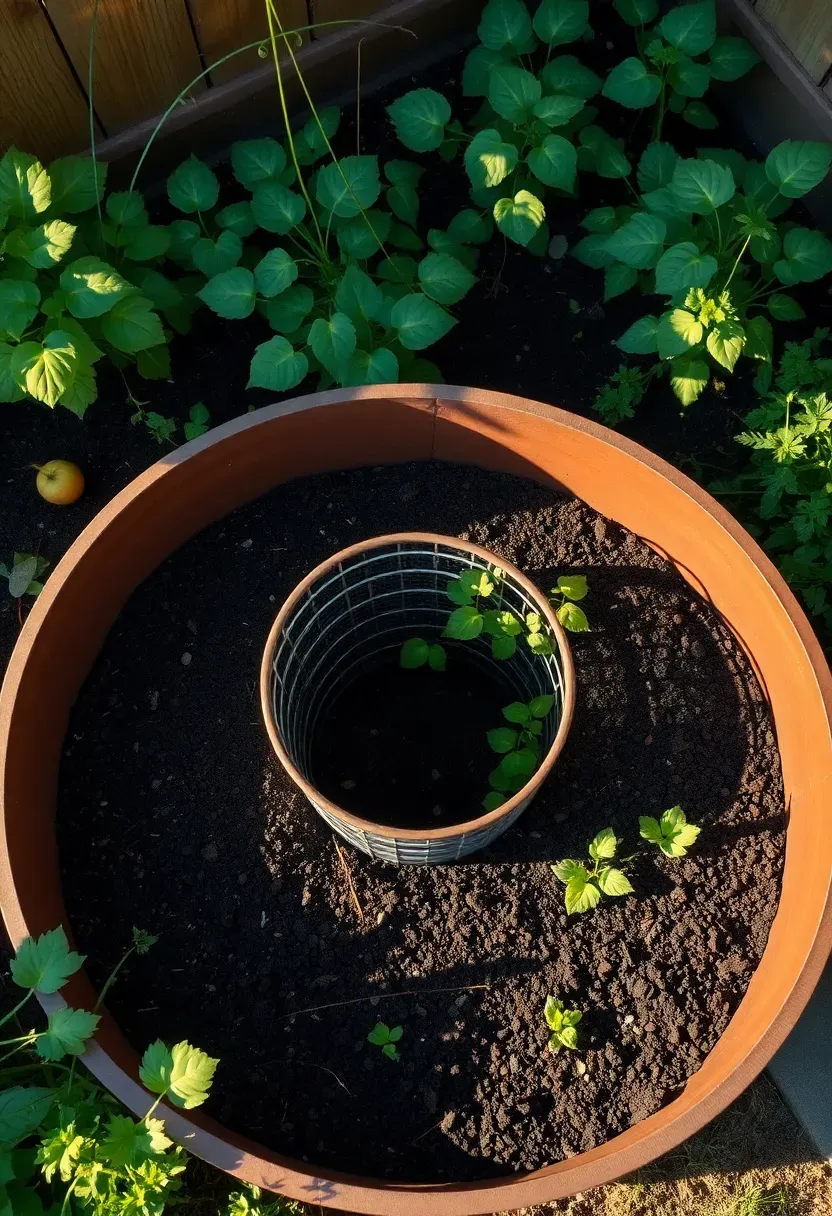Keyhole-shaped raised garden bed with a narrow center access path cut into the circular design, filled with vegetables, shown from a slightly elevated angle in a compact backyard