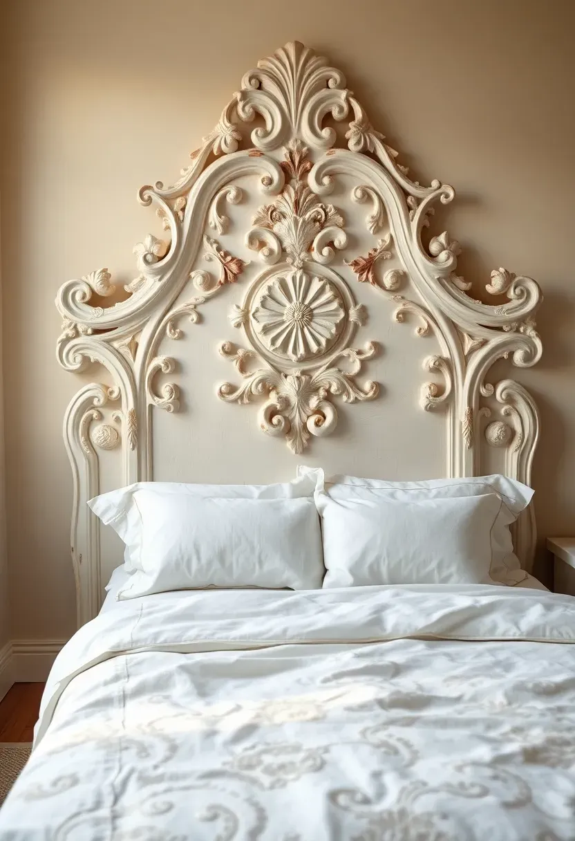 Ornate carved wooden headboard in antique white with scrollwork and floral motifs behind a bed with crisp white bedding