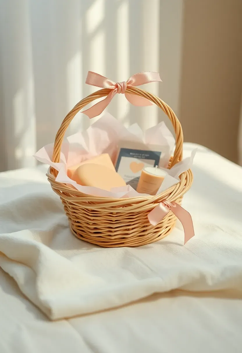 small wicker basket with pastel tissue paper mini soap lip balm and tiny candle with ribbon