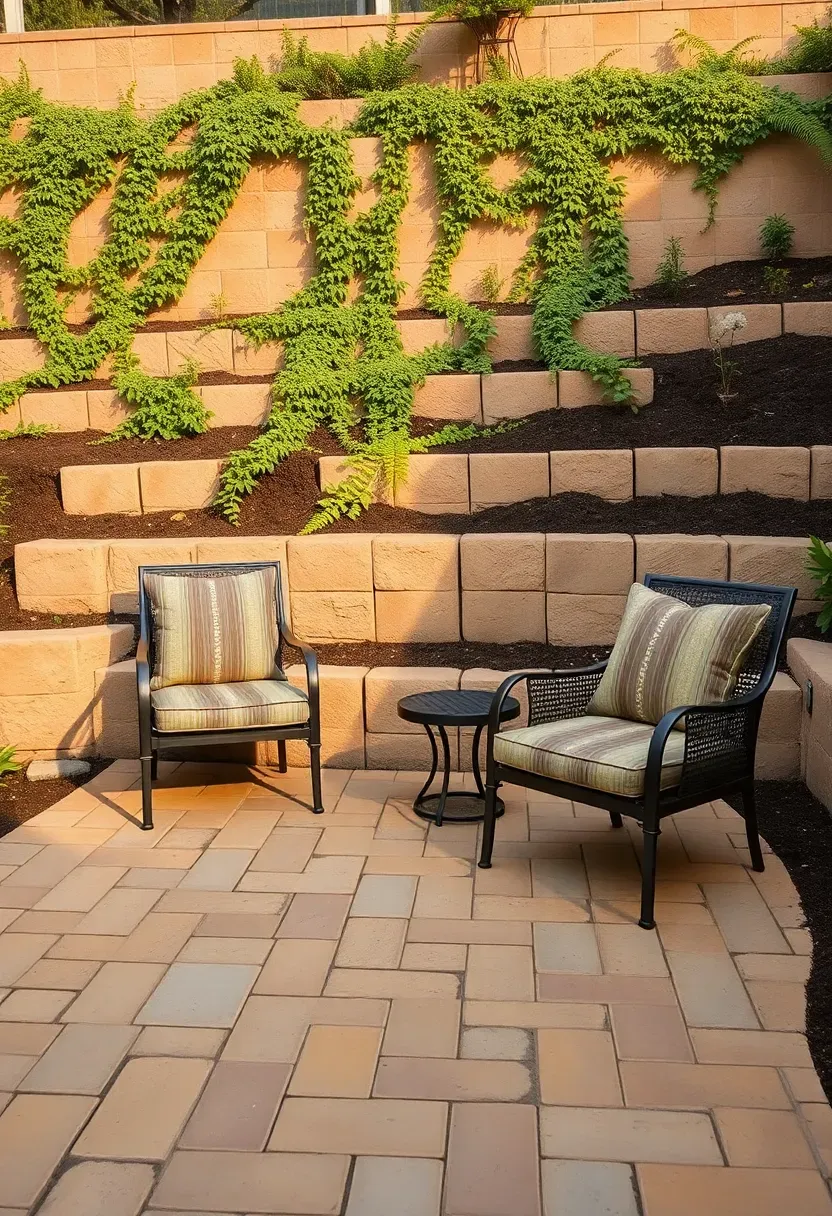Tumbled concrete paver patio built into a sloped backyard with a low retaining wall and terraced plantings