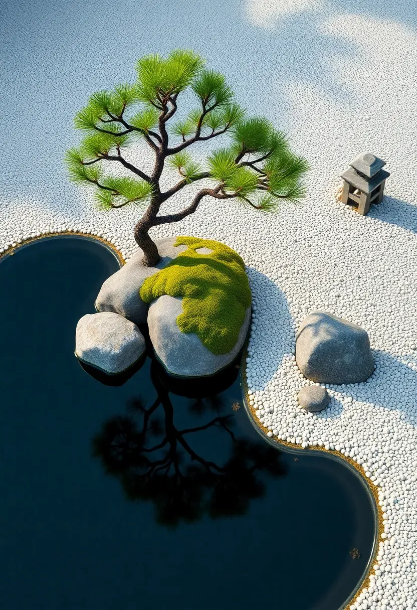 Japanese-inspired pool garden with raked white gravel, sculpted black pines, moss-covered rocks, a stone lantern, and still dark pool water