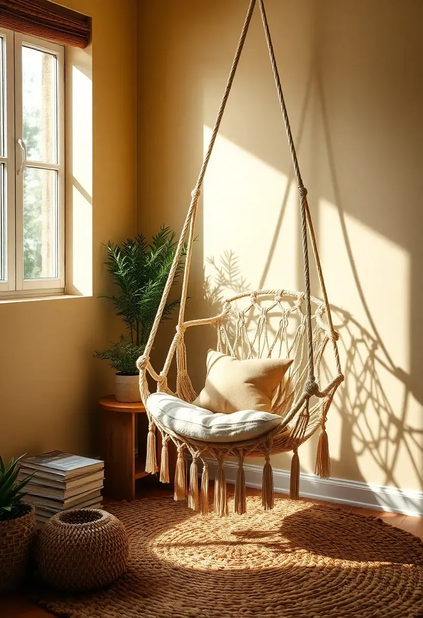 Hyper-realistic 3/4 view of an earthy boho living room corner featuring a hanging macramé chair—a cream macramé swing chair with intricate knot patterns suspended from ceiling on a natural rope, positioned in a corner with a small plant stand nearby and a stack of books on the floor. Jute rug, warm walls. Materials: cream cotton macramé cord with visible knot patterns and fringe, natural rope suspension, small side table in wood, potted plant, stacked books, chunky jute rug, warm cream walls. Natural side lighting showing shadows through macramé creating texture and dimension. Cozy retreat atmosphere. Playful bohemian spirit. Shallow depth of field showing hanging chair foreground with room context beyond. No text, no logos, no watermarks.</p>