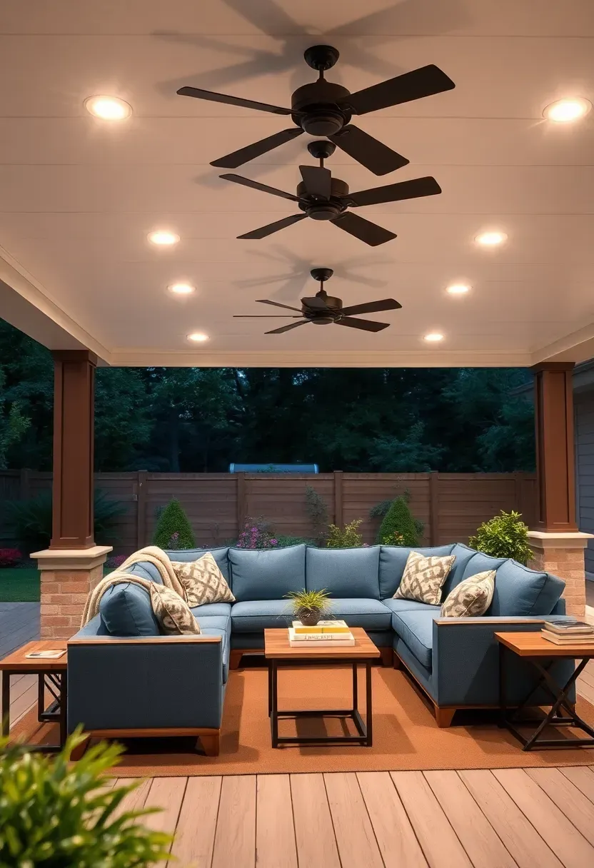 Insulated patio roof panel system with white finish underneath and integrated recessed lighting over a fully furnished backyard outdoor living room