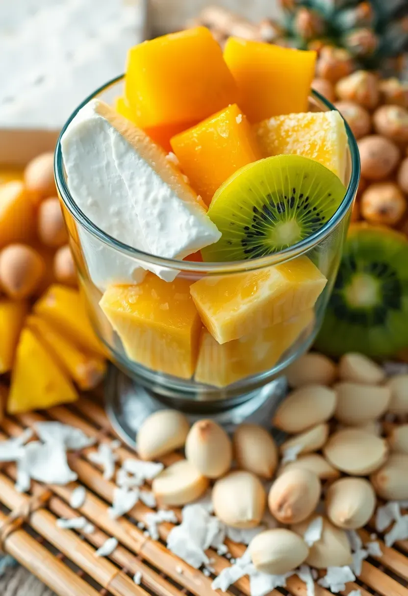 Tropical fruit and brie charcuterie cup with mango, pineapple and coconut