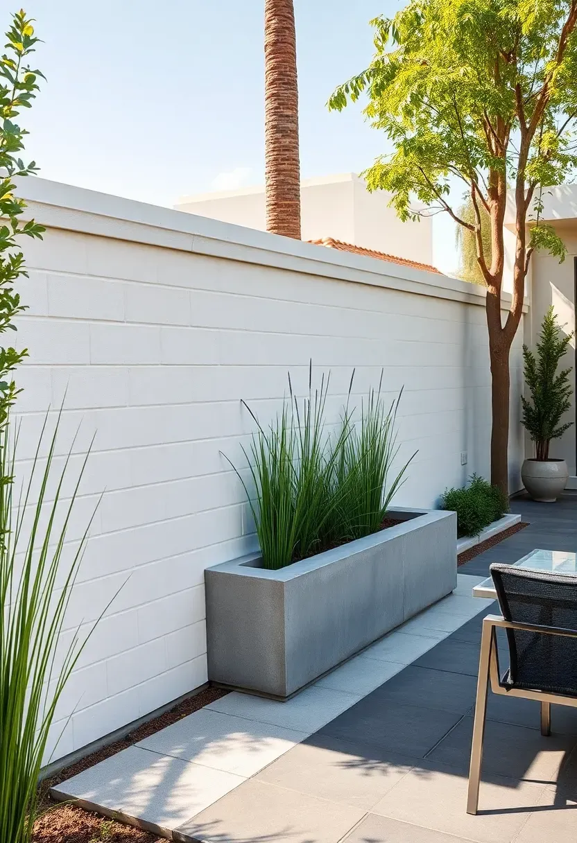 Modern concrete block fence with a smooth cap and built-in planter box along a contemporary backyard patio