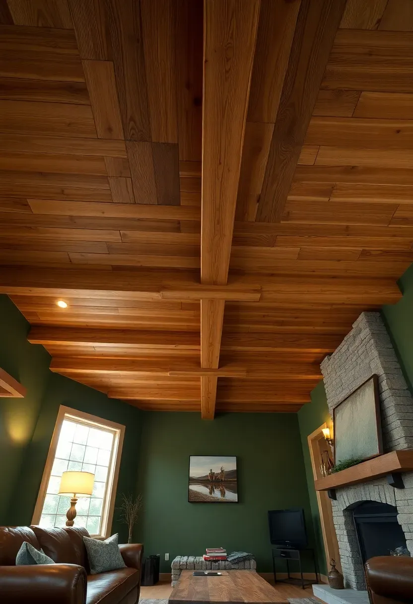 Hyper-realistic upward-angled view of living room with forest green walls and natural stained wood plank ceiling featuring exposed beams, leather sofa and wood coffee table below. Materials: deep forest green wall paint, natural oak wood ceiling with visible grain and knots, leather brown upholstery, reclaimed wood coffee table, stone fireplace. Warm ambient lighting from fireplace and floor lamp illuminating wood ceiling texture, visible room context showing corner where green walls meet wood ceiling. Shallow depth of field with sharp ceiling detail, no text or logos.</p>