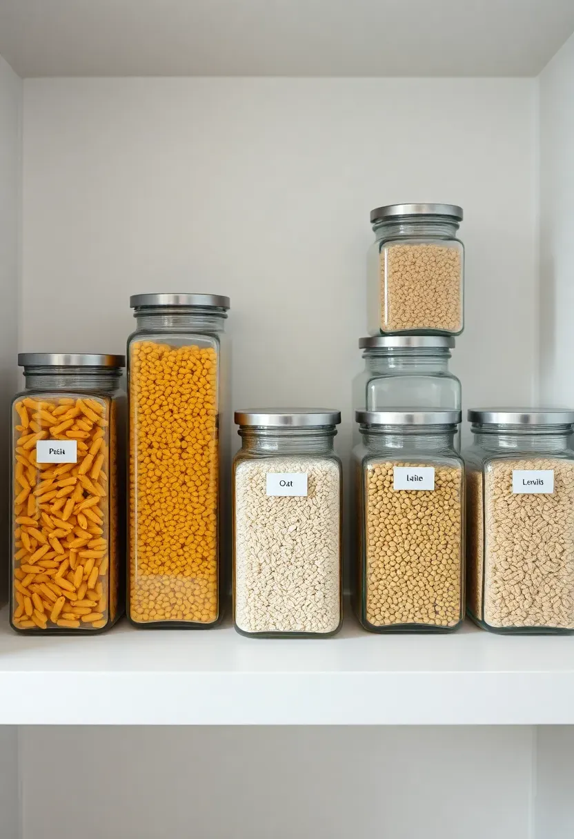 matching clear stackable pantry containers organized on kitchen shelves
