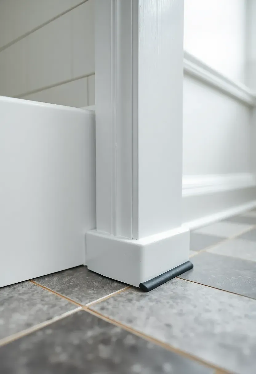 Painted wood baseboard with a visible silicone boot seal at the floor line in a transitional bathroom with subway tile walls