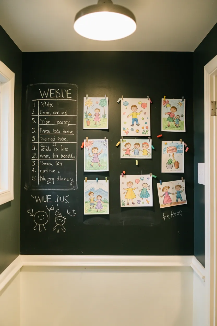 Dark chalkboard wall in a kids bathroom with colorful chalk doodles and family notes creating an interactive creative surface