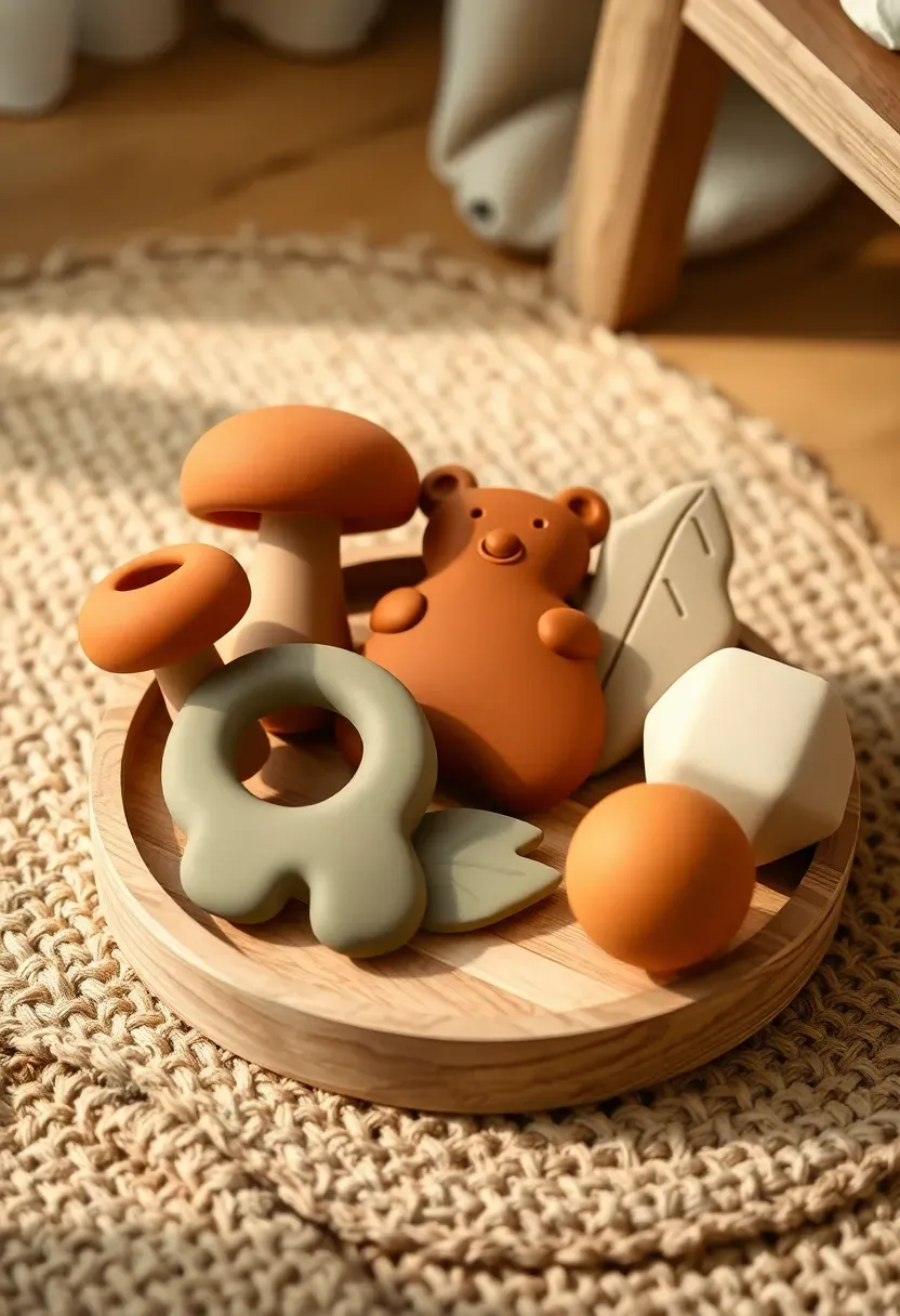 collection of soft silicone teething toys in earth tones arranged on a wooden tray