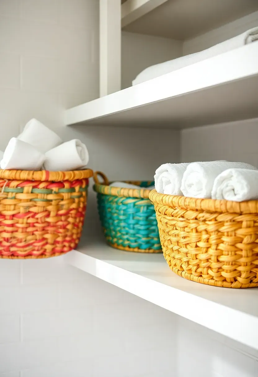 Woven storage baskets in coral, teal and yellow colors organized on shelves