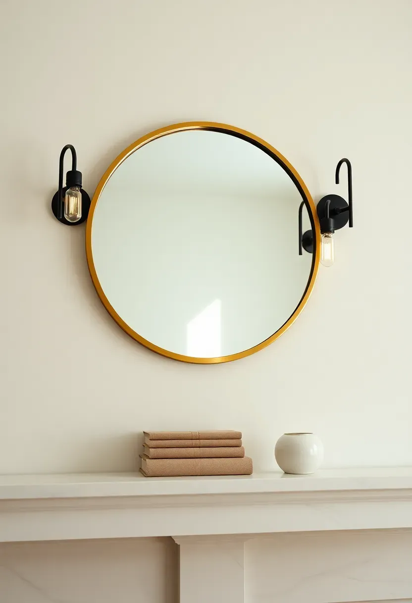 Round brass-framed mirror flanked by matching black metal sconces above marble fireplace mantel