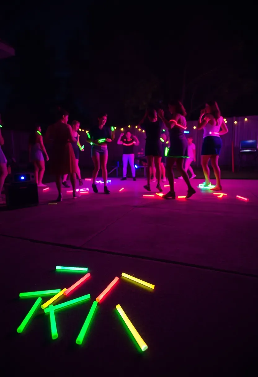 A backyard glow stick dance floor at night with neon glow bracelets and necklaces on guests dancing on a patio under colored lights