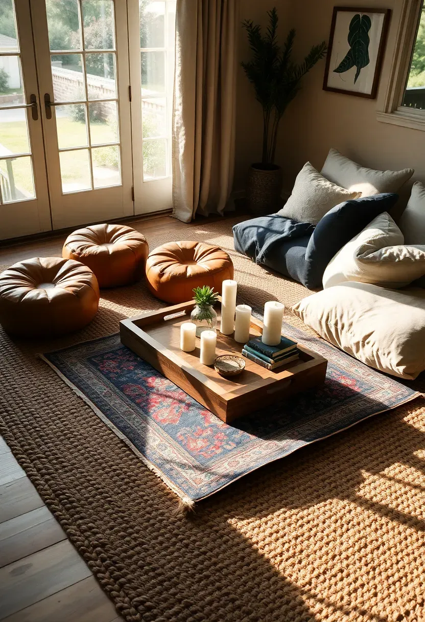 Inviting sunroom floor arrangement with layered jute and patterned rugs, leather poufs, floor cushions, and a low wooden tray with candles and books