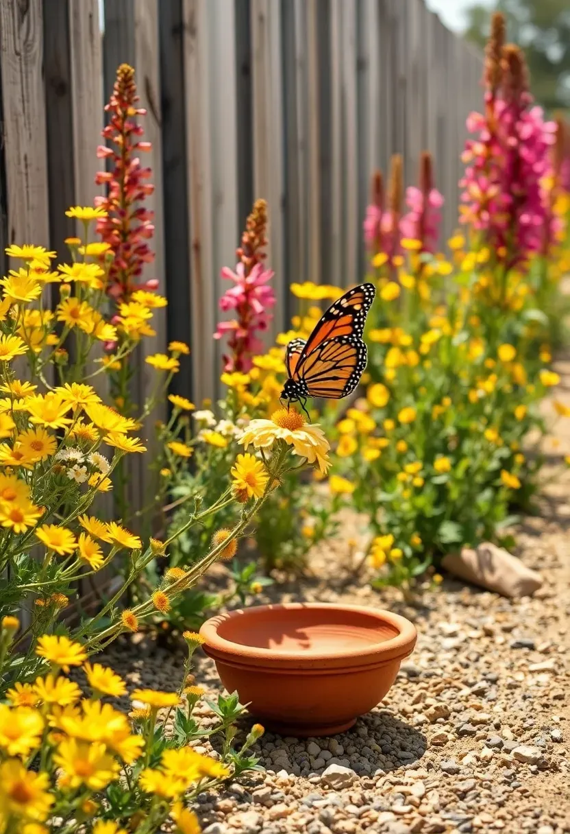 Arizona butterfly and pollinator garden corridor with desert milkweed, penstemons, brittlebush, and hummingbird feeders along a sunny fence