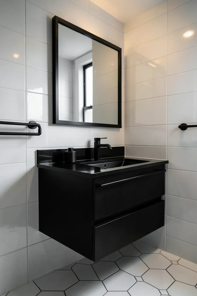 Warm gray bathroom walls with matte black faucet and towel bar, modern neutral bathroom on a budget