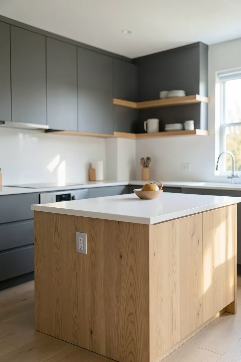 Hyper-realistic eye-level photograph of a modern kitchen with slate grey cabinets, light oak wood island and floating shelves, white quartz countertops. Natural morning light highlighting wood grain. Materials: slate grey satin finish, natural oak, white quartz. Balanced mood. Shallow depth of field, sharp details on wood patterns. No text, no logos, no watermarks.</p>