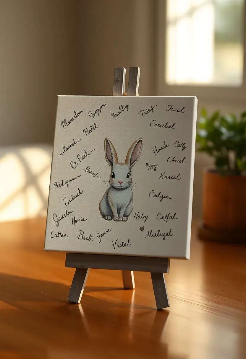 large canvas guest book at a baby shower with guests signing and painting small watercolor elements on a stretched canvas beside the nursery themed painted illustration in the center