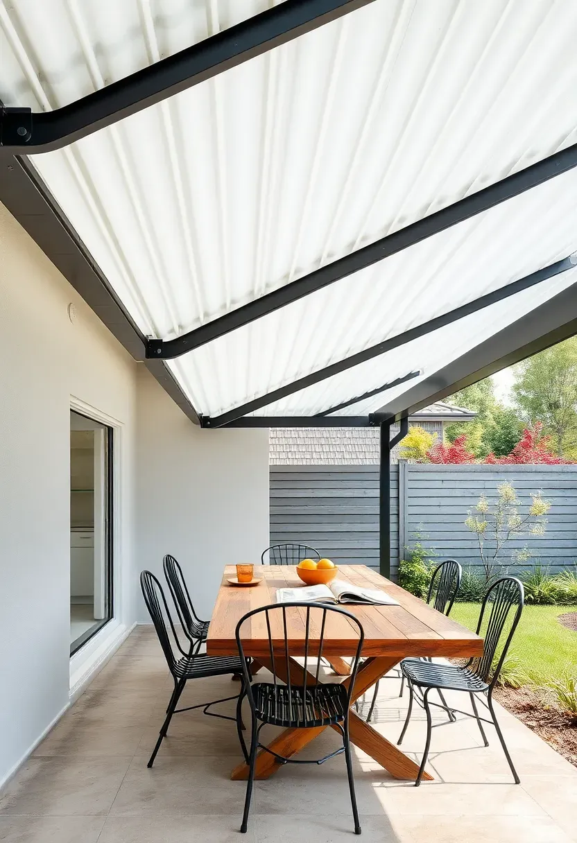 Corrugated polycarbonate roof panels mounted on a metal frame extending from the back of a house over a concrete patio with outdoor dining furniture