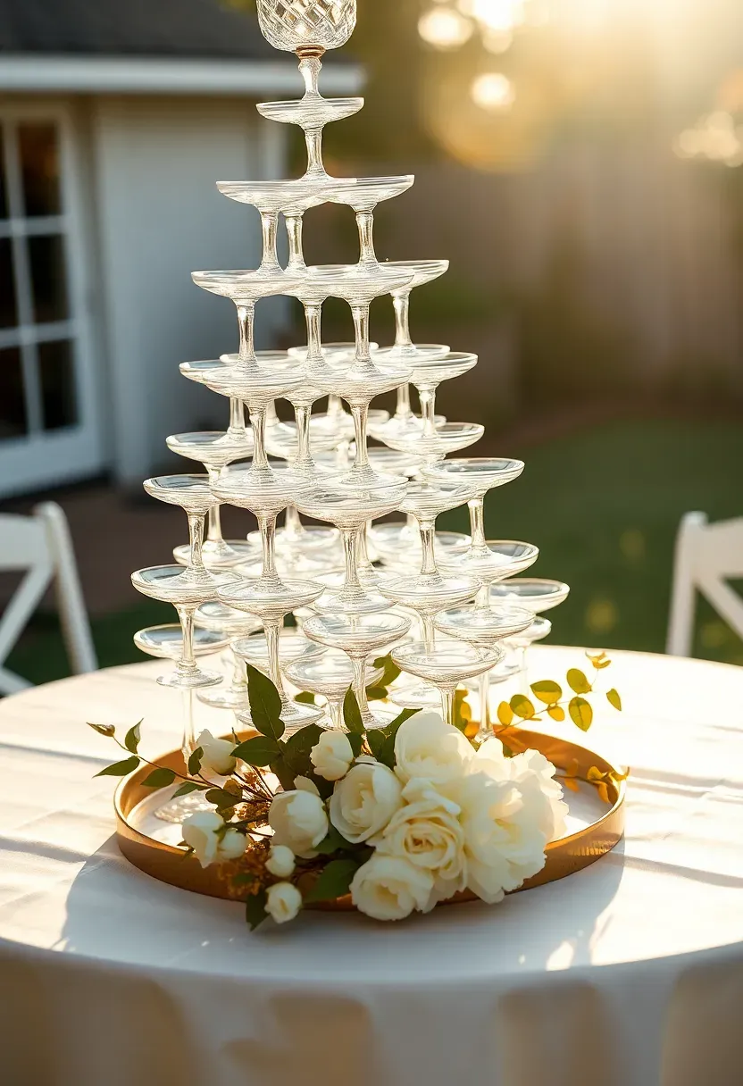 Champagne tower of coupe glasses on a white draped table in a backyard with gold accents and a floral arrangement beside it