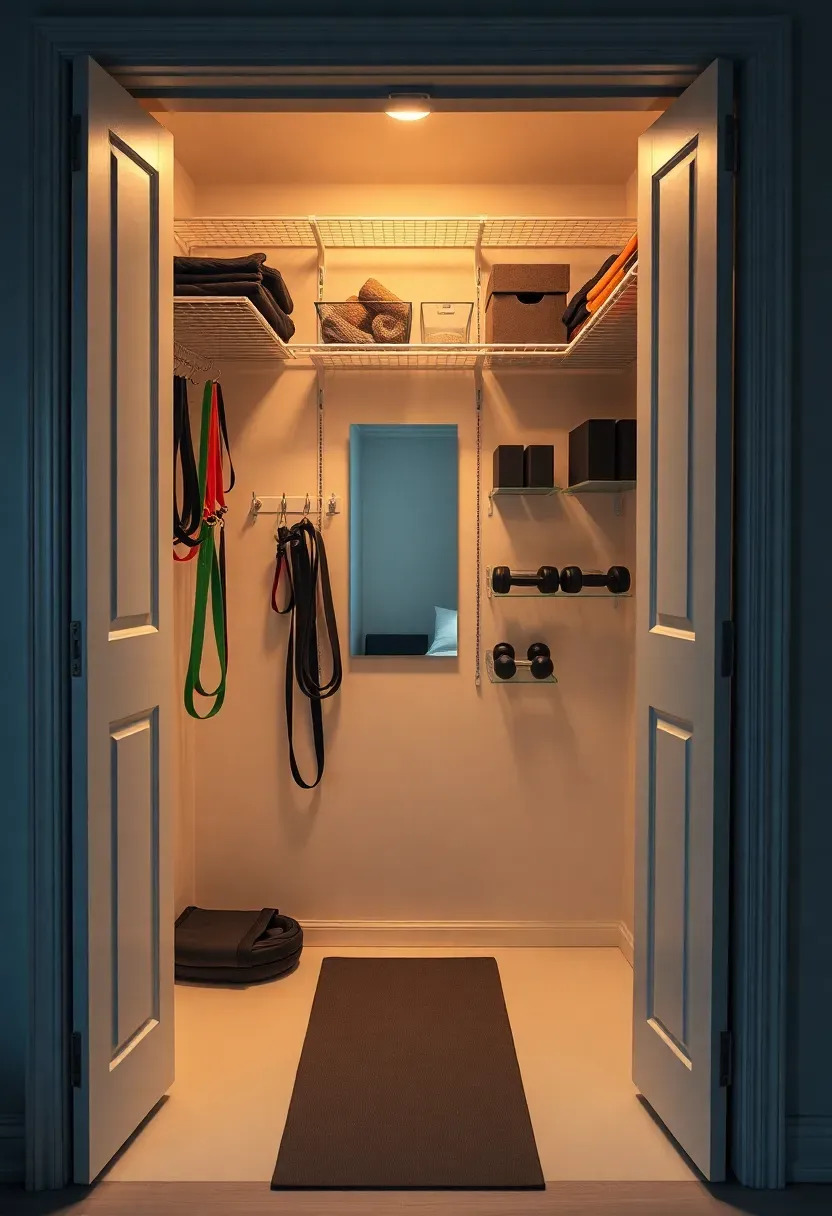 Small closet converted into a compact home gym with shelving for weights, resistance bands, and a yoga mat on the floor