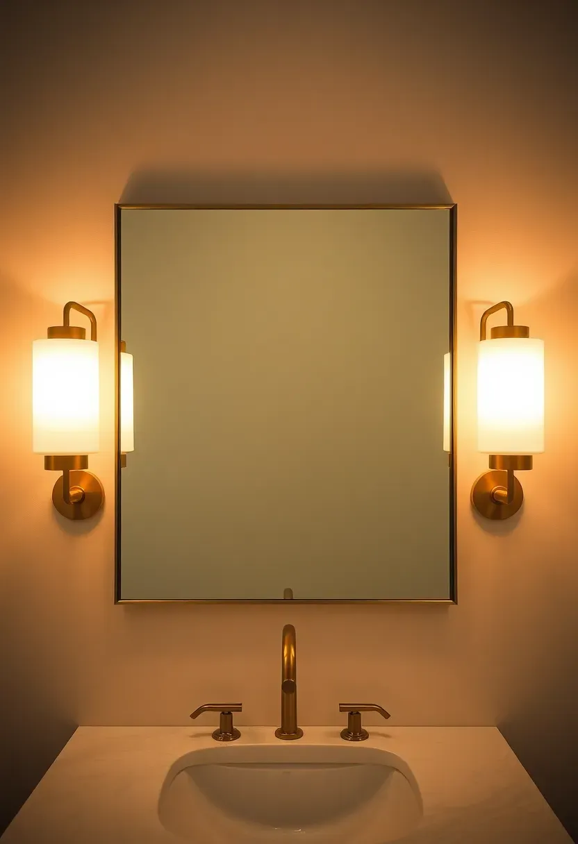 Pair of wall-mounted sconces with frosted glass shades flanking a bathroom mirror, casting even warm light on the vanity area