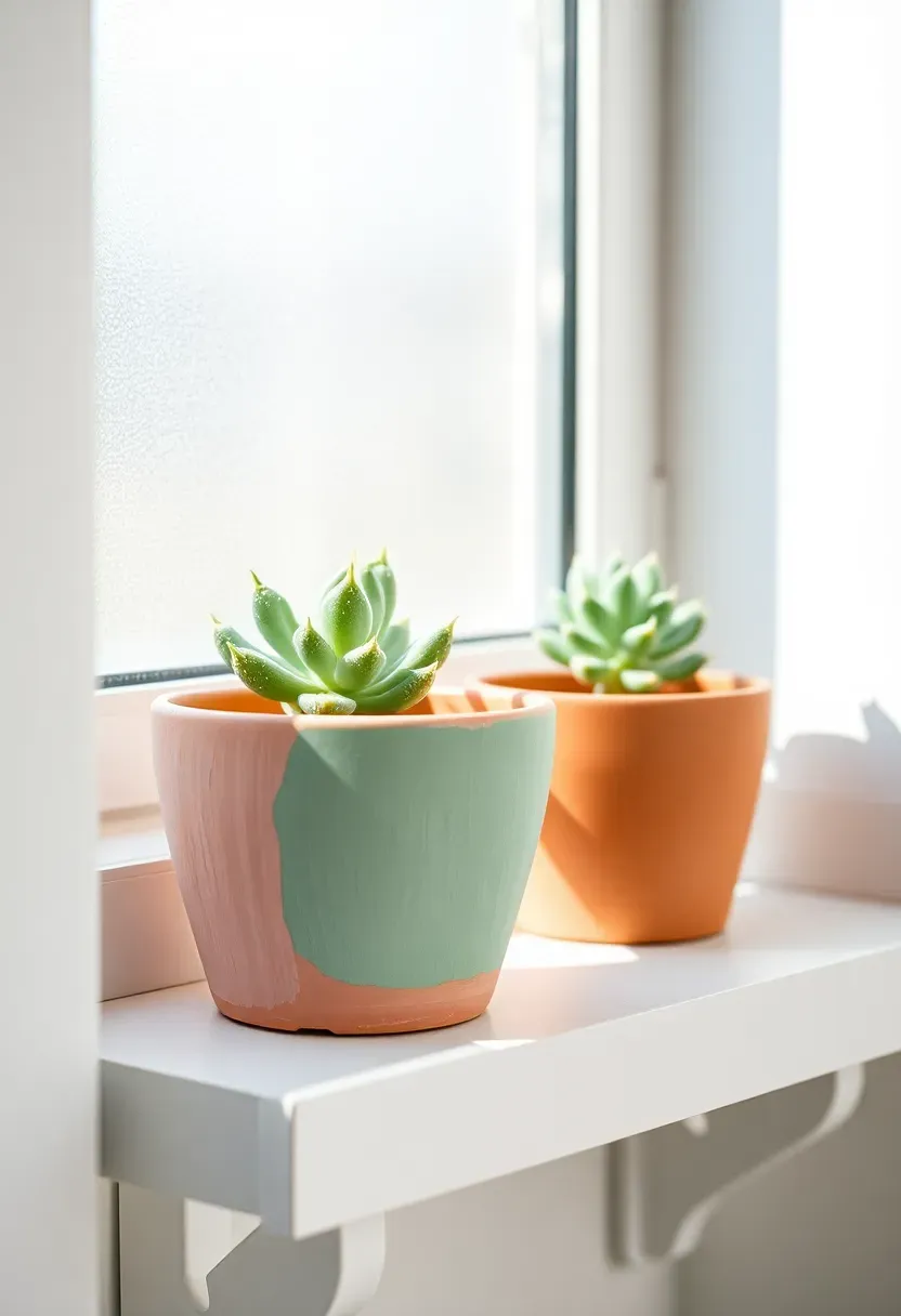 small succulent plant in hand-painted terracotta pot with pastel pink and mint green patterns
