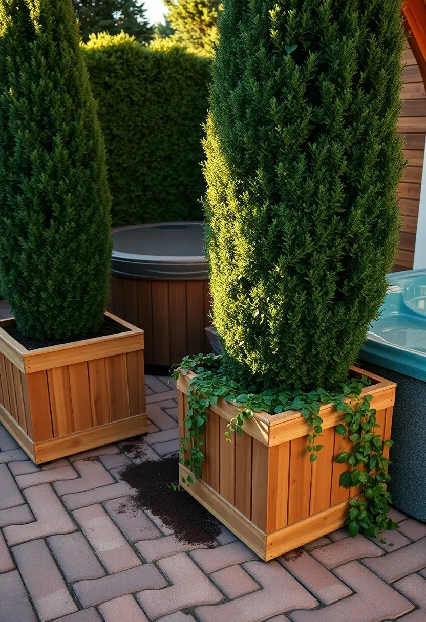 Three large wooden planter boxes of staggered heights filled with tall evergreen shrubs and trailing plants positioned around a hot tub corner on a paver patio